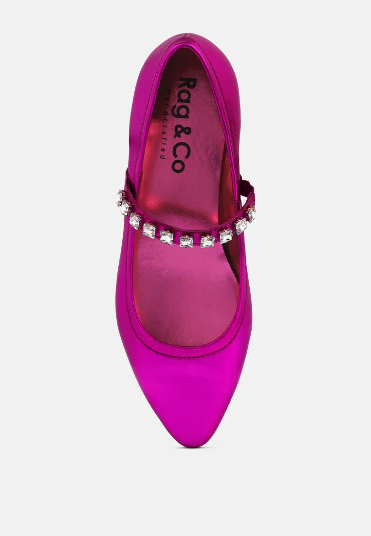 ALVERNO Metallic Diamante Mary Jane Leather Flats In Fuchsia