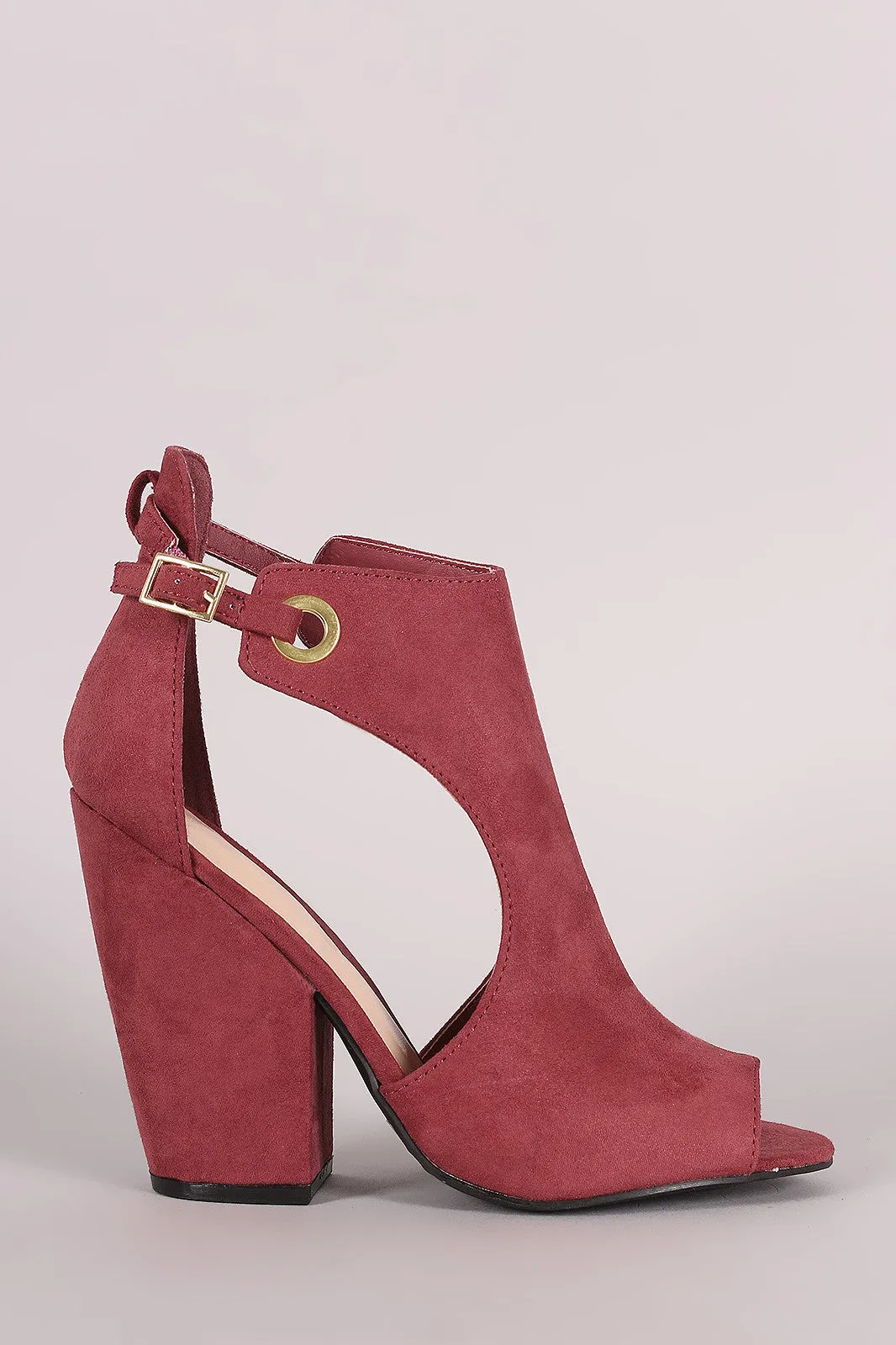 Bamboo Suede Peep Toe Grommet Buckle Booties