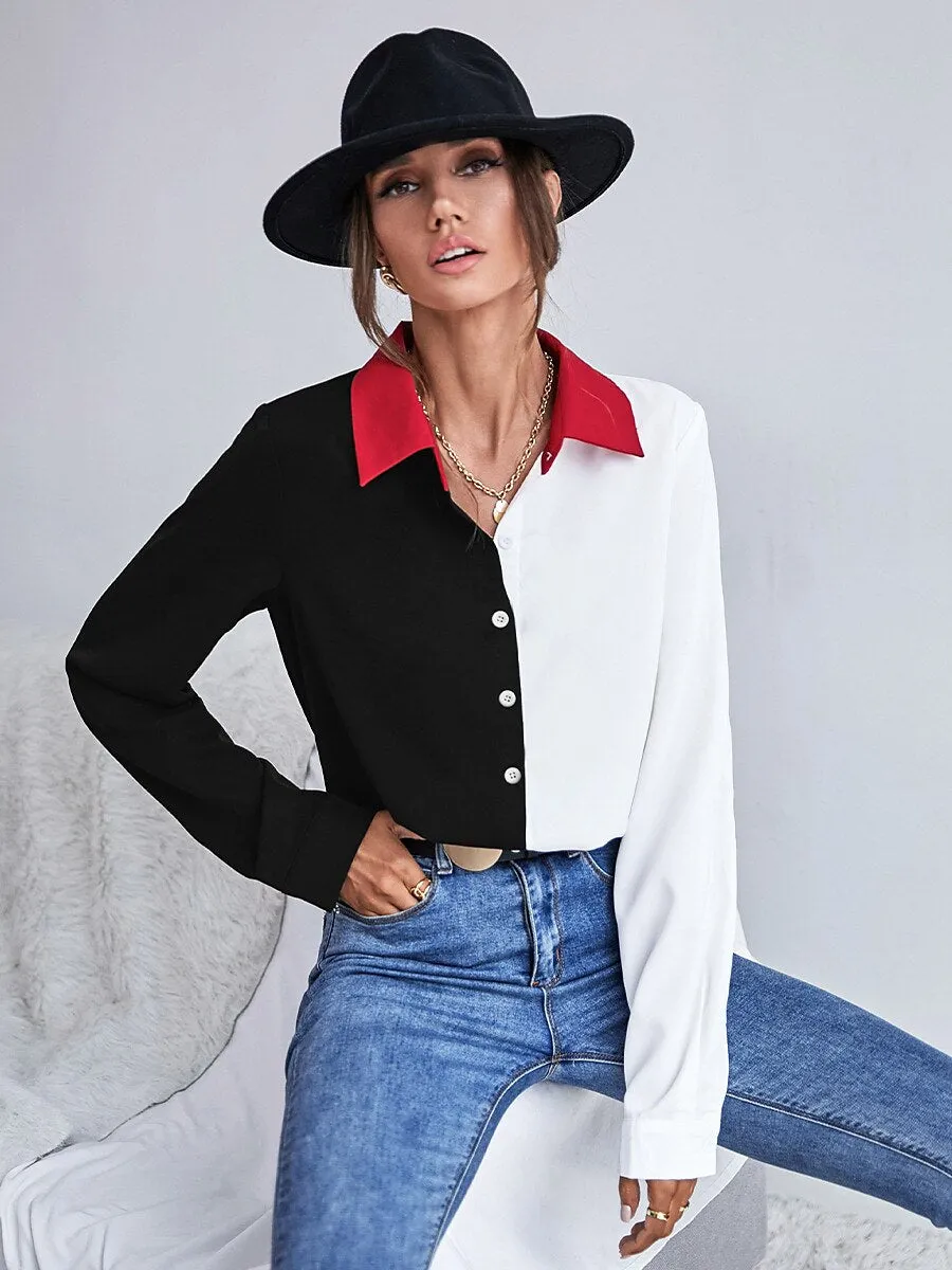 Black Color Block Patchwork Button Long Sleeve Shirt