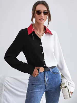 Black Color Block Patchwork Button Long Sleeve Shirt