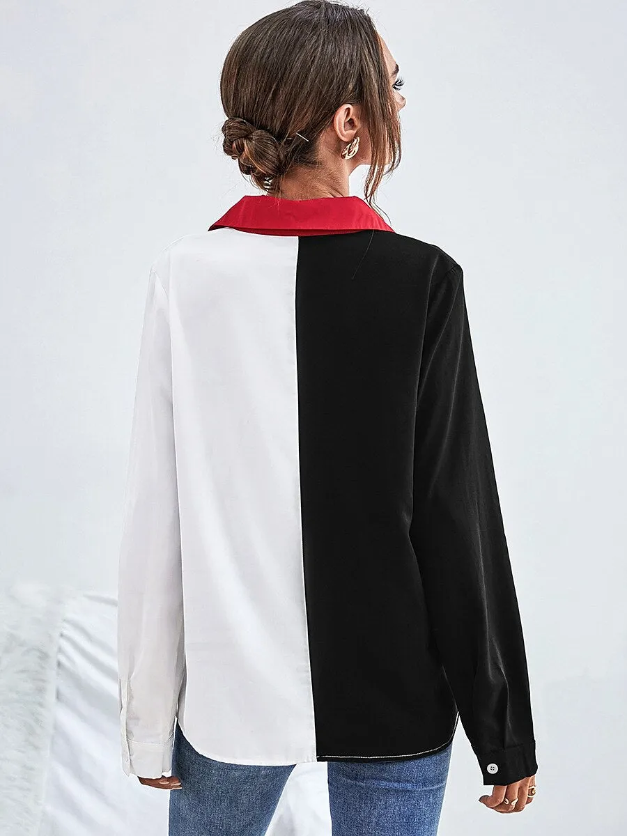 Black Color Block Patchwork Button Long Sleeve Shirt