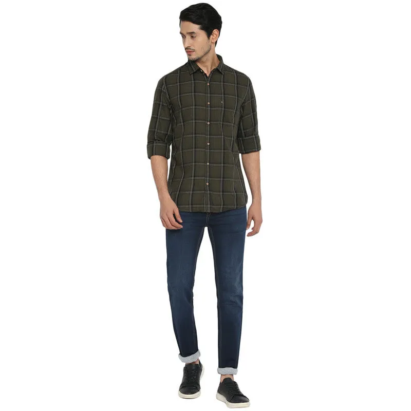 Cotton Olive Checkered Slim Fit Casual Shirt