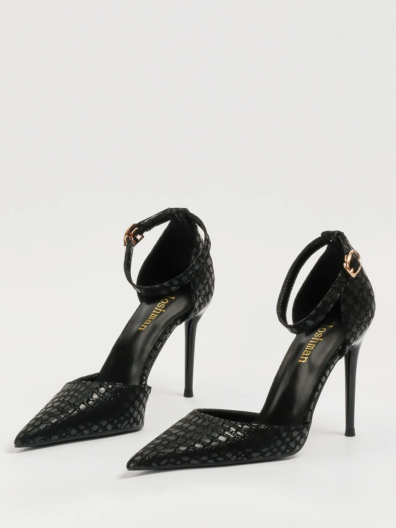 Crocodile Embossed Stiletto Heeled Ankle Strap Pumps