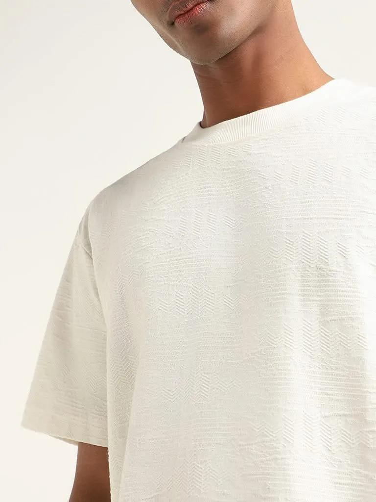 ETA Off White Self-Patterned Cotton Slim Fit T-Shirt