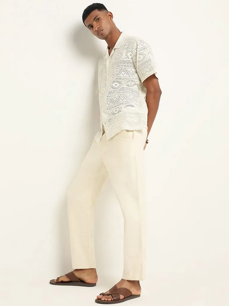 ETA Solid White Crochet Cotton Blend Relaxed Fit Shirt