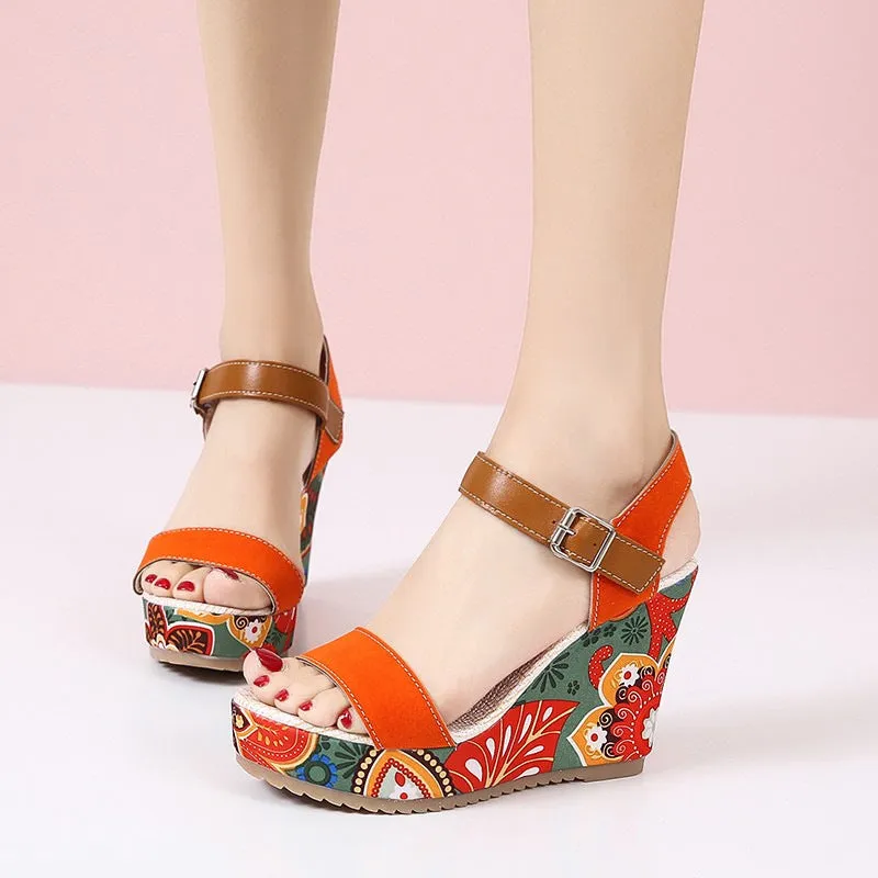 Fashion Flowers Embroidered High Wedge Sandals For Women Summer Toe Platform Buckle Shoes