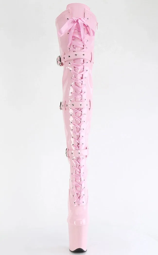 FLAMINGO-3028 Baby Pink Patent Thigh High Boots