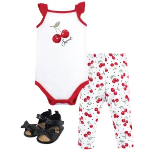 Hudson Baby Cotton Bodysuit, Pant and Shoe Set, Cherries