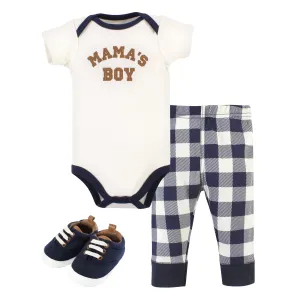 Hudson Baby Cotton Short Sleeve Bodysuit, Pant and Shoe Set, Brown Navy Mamas Boy