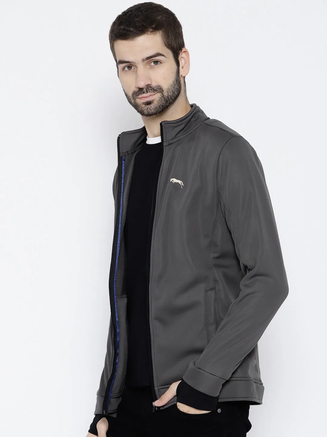 Men Charcoal Solid Open Front Jacket