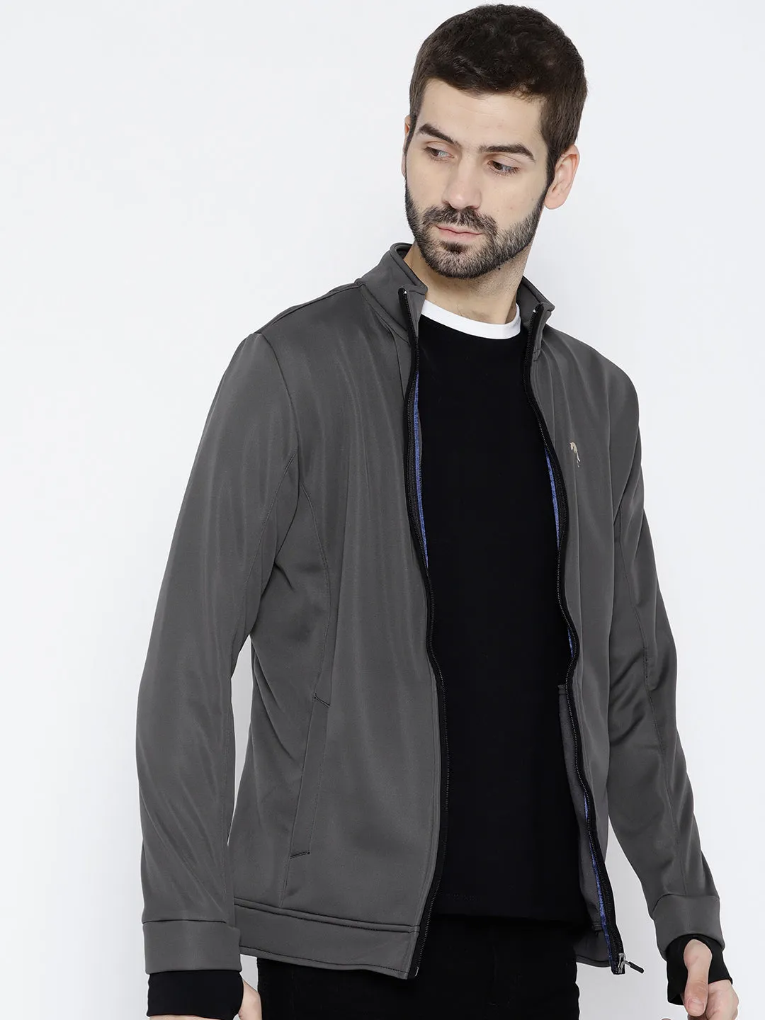 Men Charcoal Solid Open Front Jacket