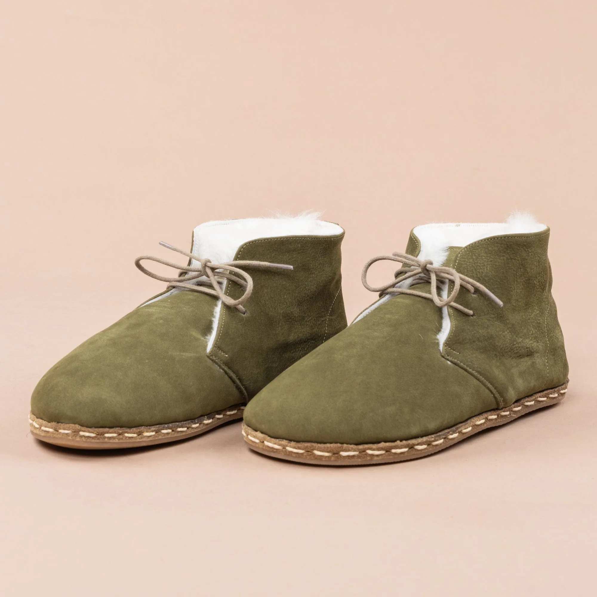 Men's Olive Barefoot Oxford Boots with Fur