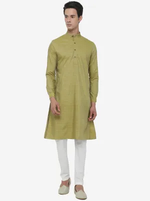 Moss Green Self Textured Regular Fit Modi Kurta | JadeBlue