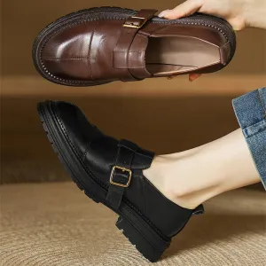 Preppy Style Leather Low Cutter Loafers with Buckle Soft in Coffee/Black