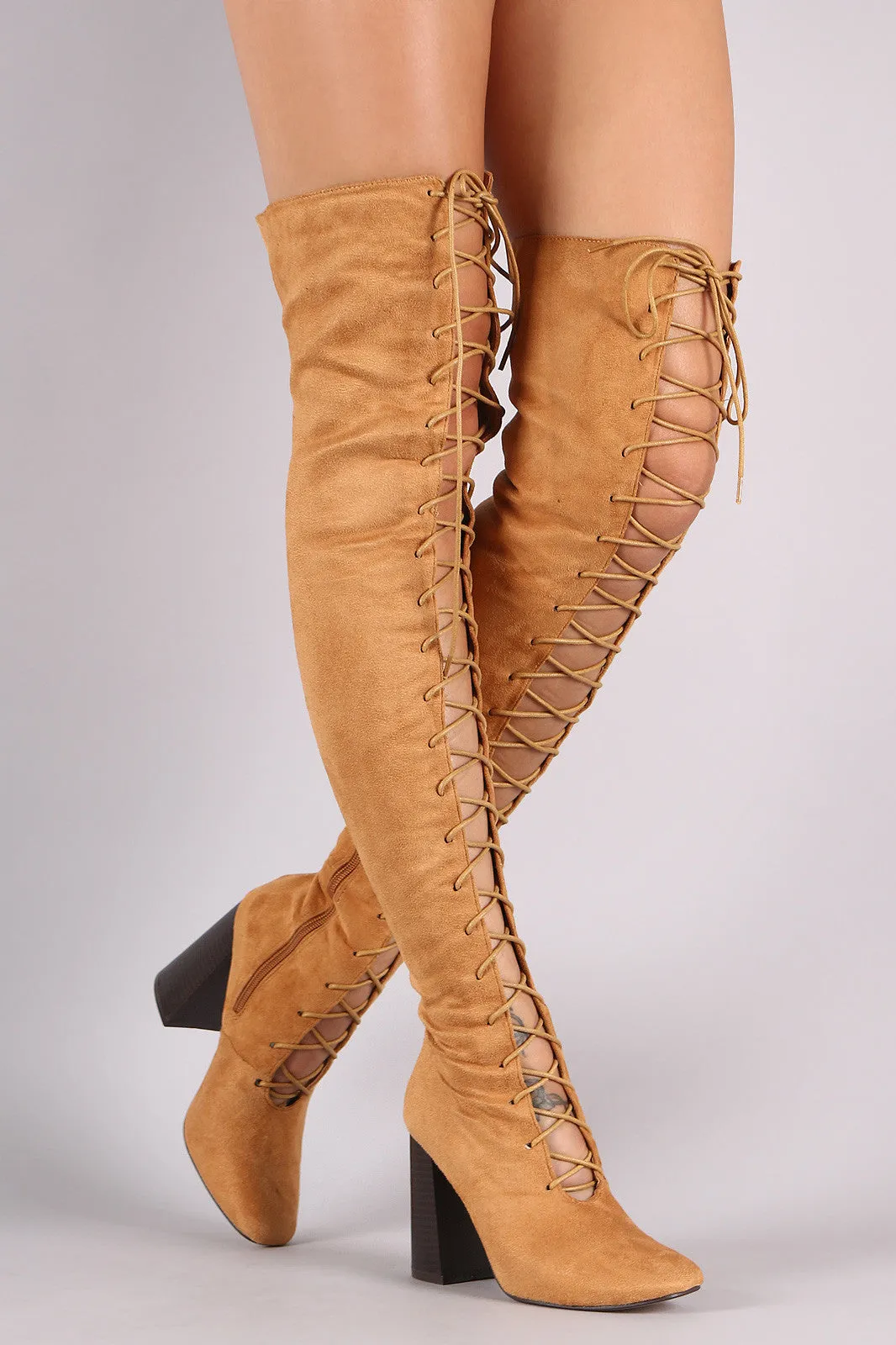 Suede Lace Up Chunky Heeled Over-The-Knee Boots