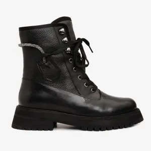 The Arata Black Leather Lace-Up Ankle Women Boot With a Side Zipper