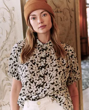 The Great - The Bow Front Kerchief Top in Black Needle Point Floral Print